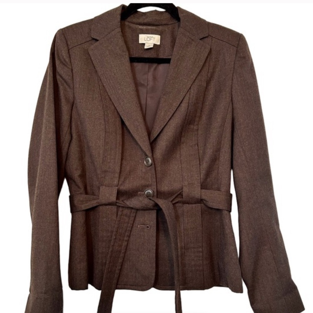 LOFT Chocolate Brown Wool Belted Blazer 8